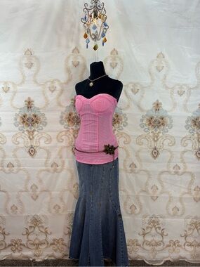 Cotton Express Pink Bustier Top with Blue Denim Maxi Skirt